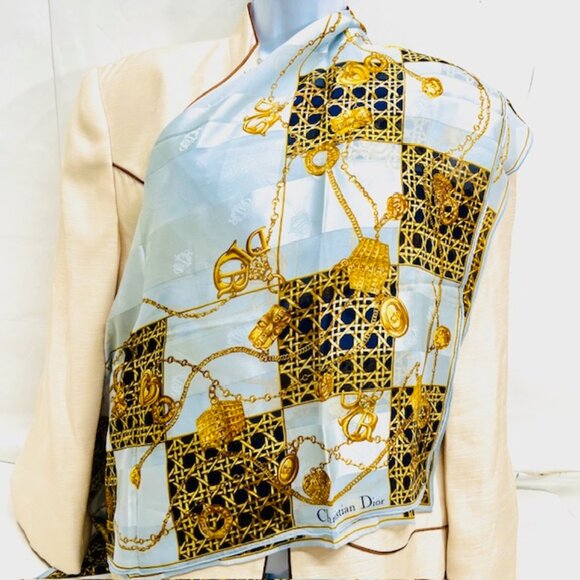 Christian Dior 100% Silk Scarf Chiffon &Satin 33"  Silver Black Gold Design(15 - Picture 3 of 10